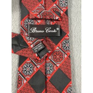 Bruno Conte Necktie XL Red Black Gray Geometric Medallion Wide Tie Handmade